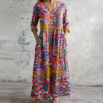 【Langærmet】 Vintage Farverig Kjole