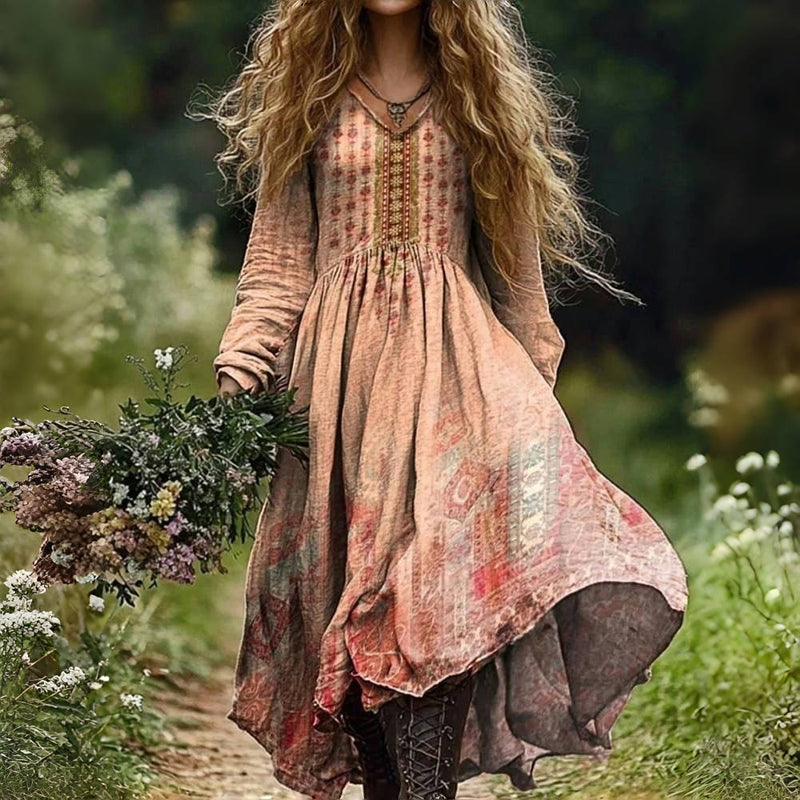 Vintage Kjole Med Etnisk Print