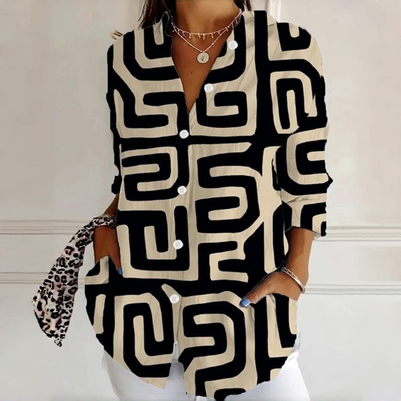 Vintage Bluse Med Geometrisk Mønstret